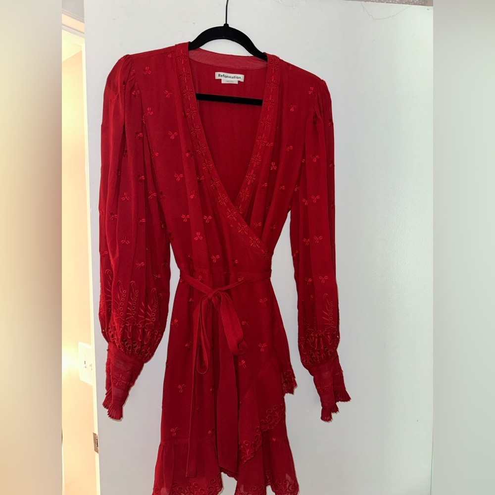 REFORMATION Clare Embroidered Wrap Dress RED NWOT